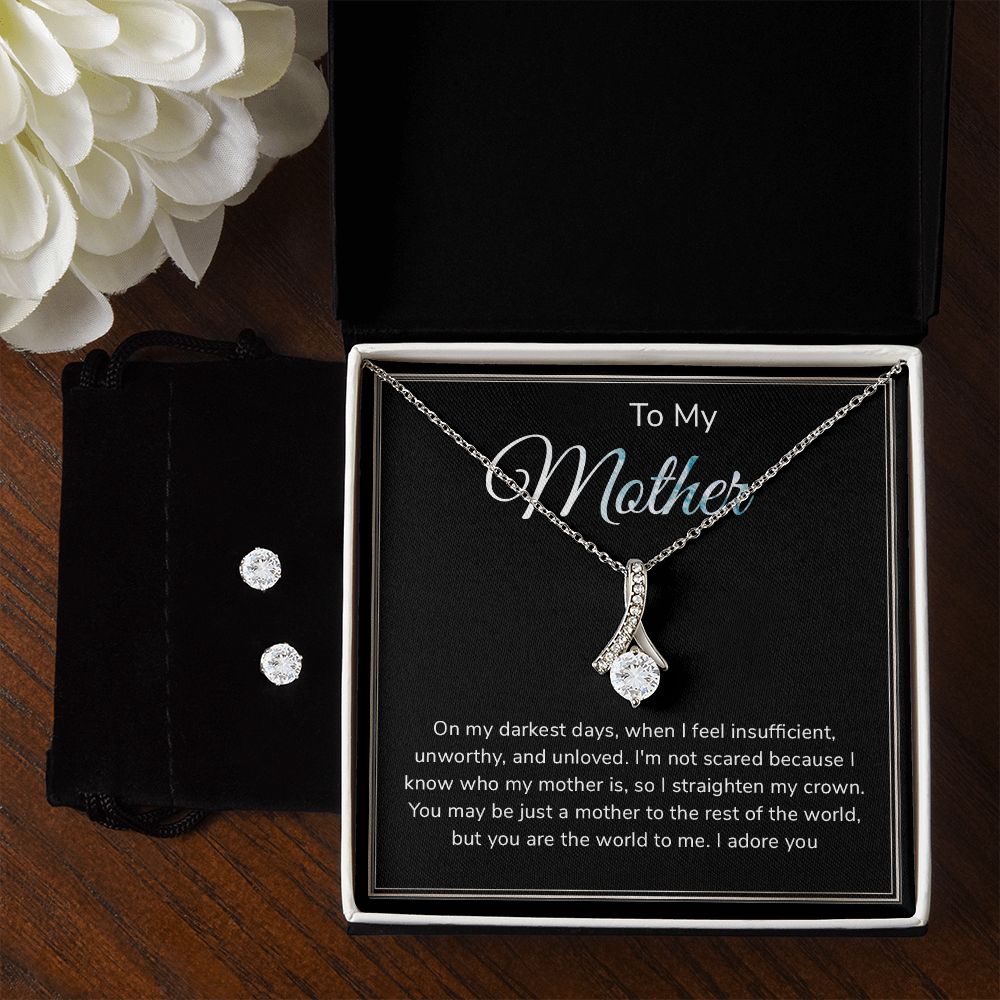 Forever Love Ribbon Pendant Necklace and Earring Set for Mom