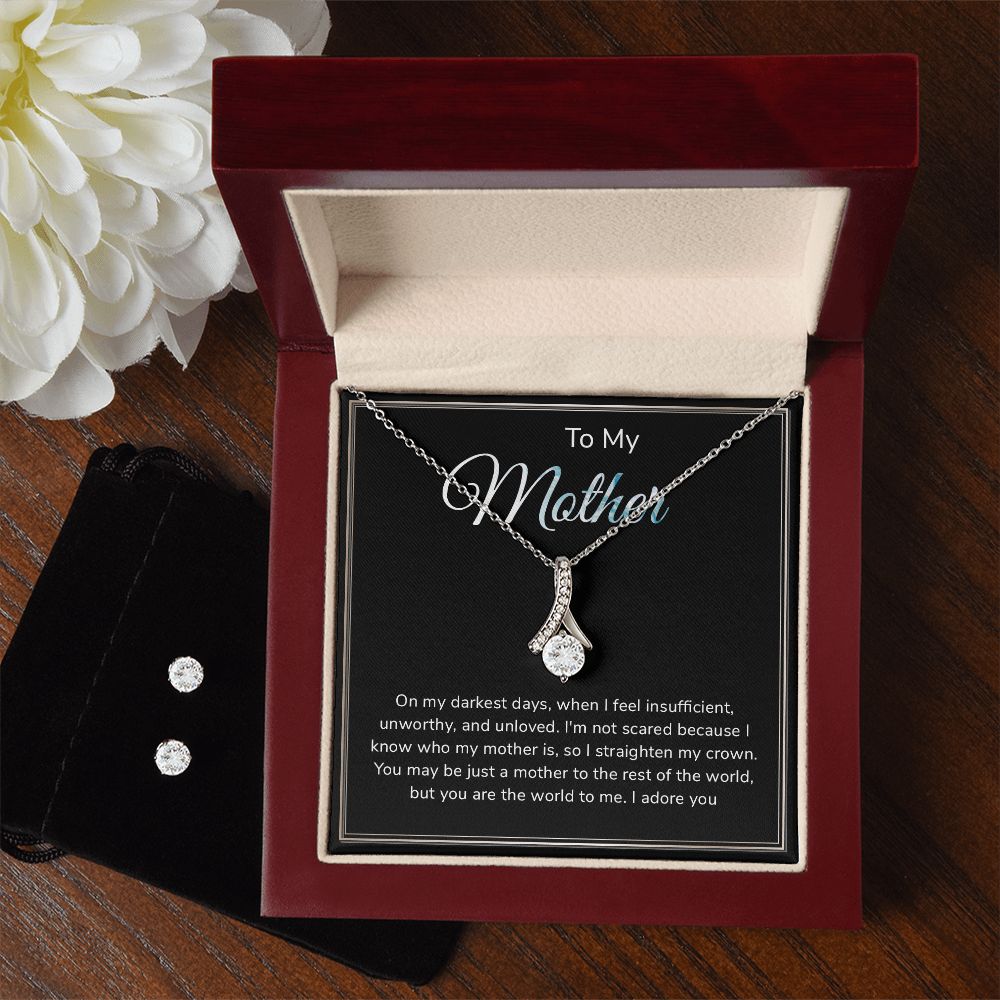 Forever Love Ribbon Pendant Necklace and Earring Set for Mom