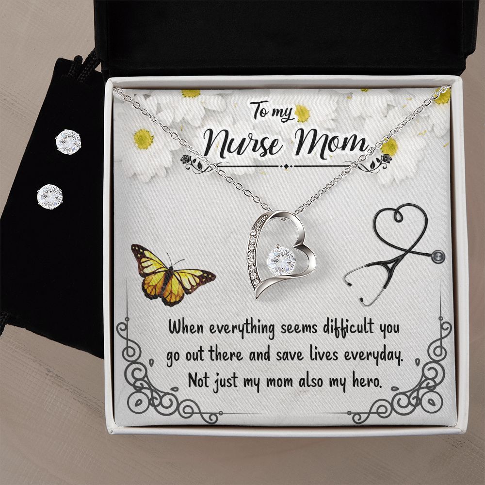 Forever Love Necklace + CZ Earrings Nurse Mom Gift Set