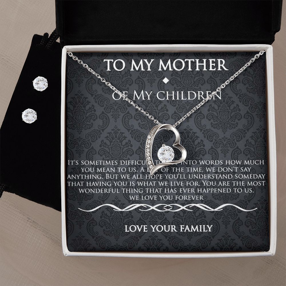 Forever Love Heart Necklace & CZ earrings Gift for The Mother of My Children