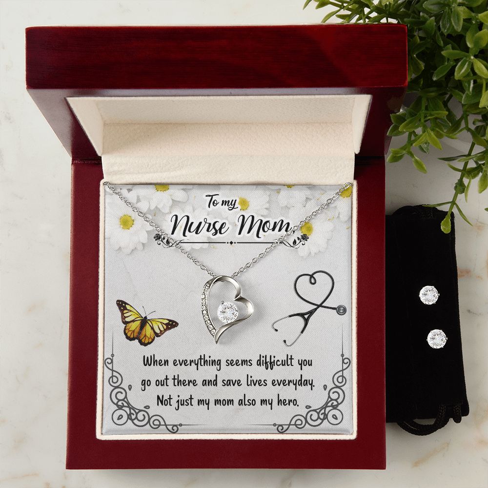 Forever Love Necklace + CZ Earrings Nurse Mom Gift Set