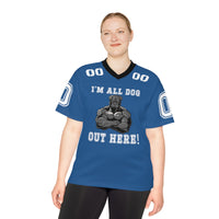 Load image into Gallery viewer, Unisex Football Jersey &quot;I&#39;M ALL DOG OUT HERE&#39; Blue and White
