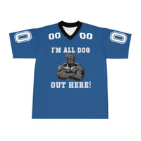 Load image into Gallery viewer, Unisex Football Jersey &quot;I&#39;M ALL DOG OUT HERE&#39; Blue and White
