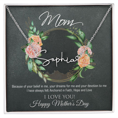 Mom Anchored In Love Cursive Name Necklace