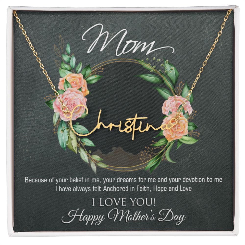 Mom Anchored In Love Cursive Name Necklace