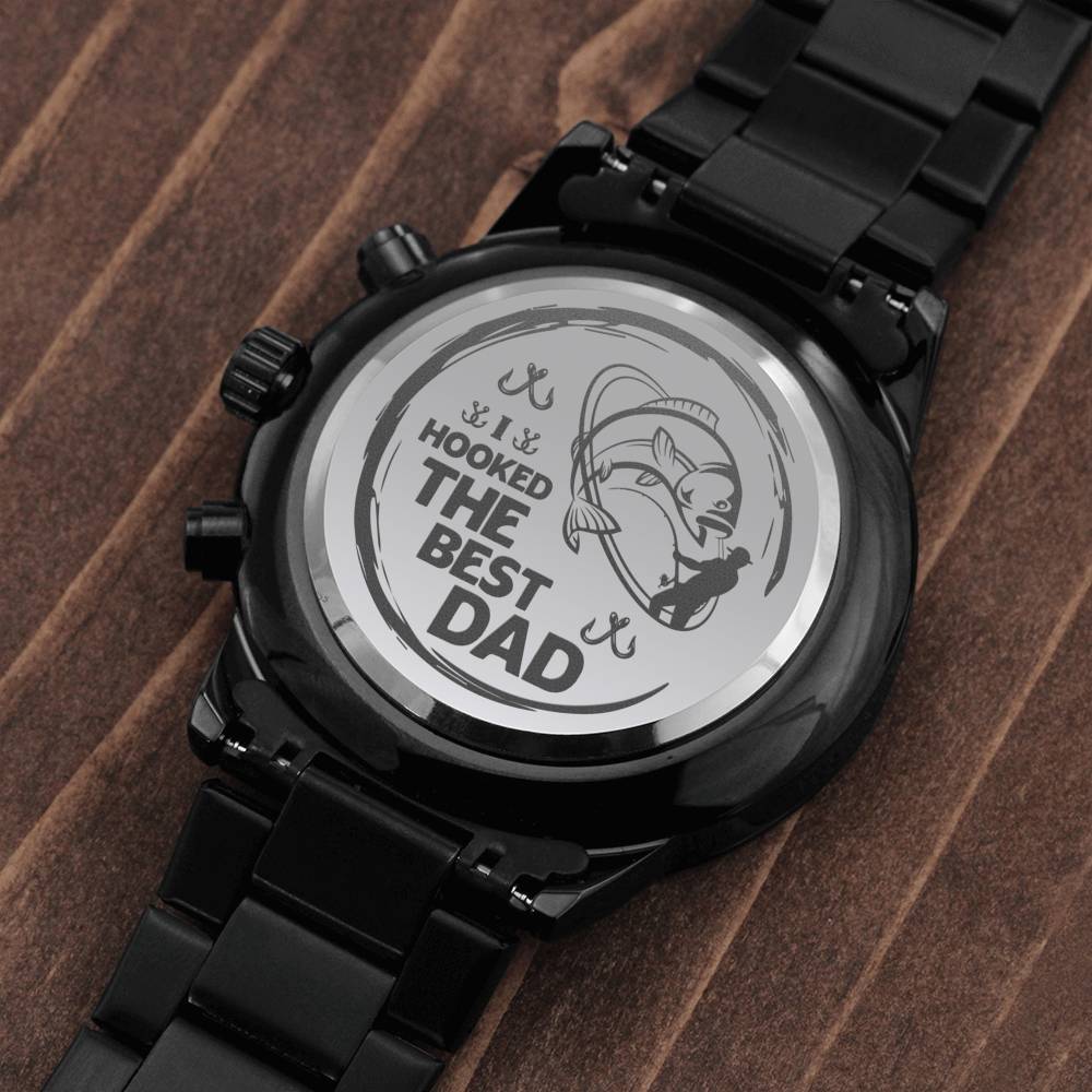 I Hooked The Best Dad-Engraved Black Chronograph Watch