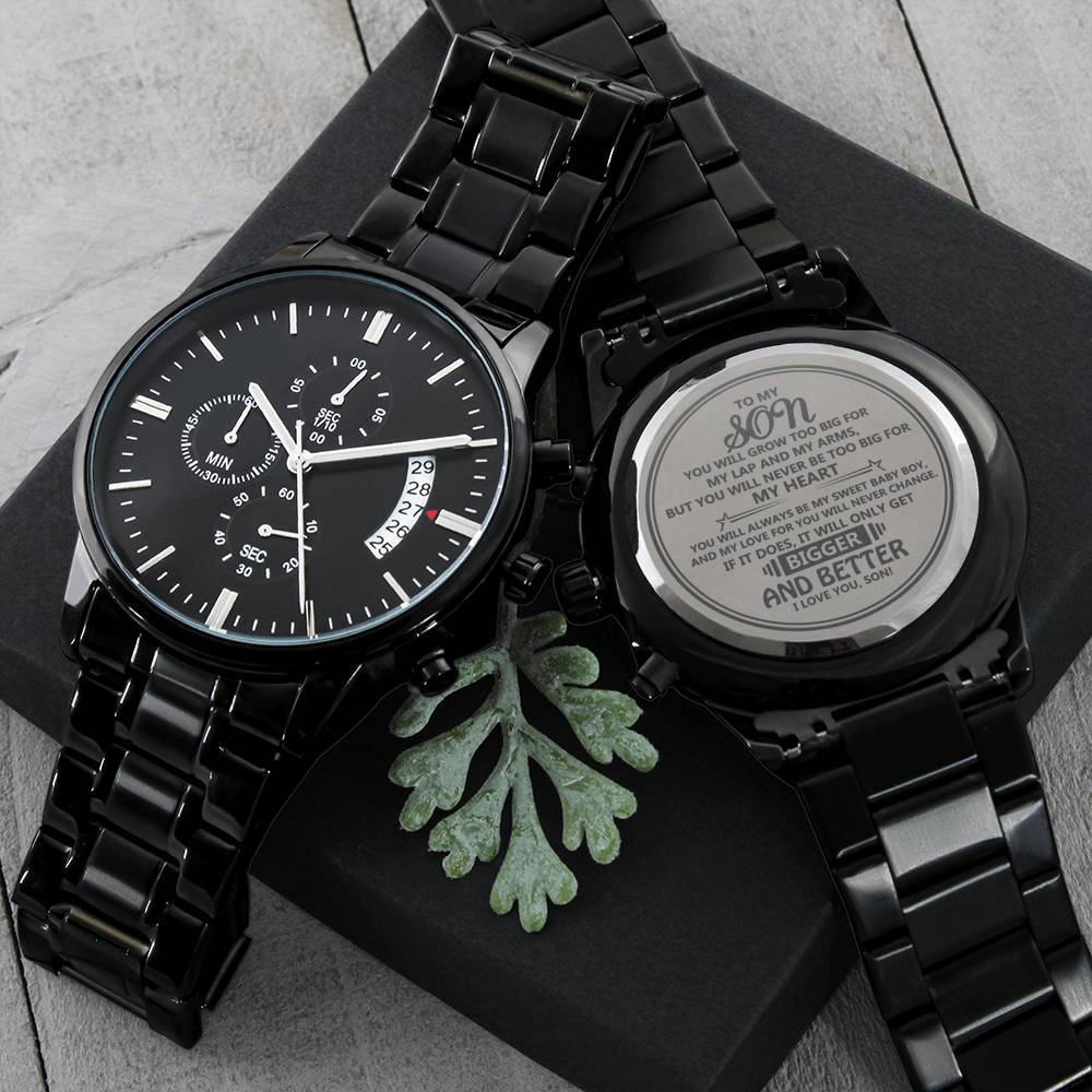To My Son | Never to Big | Gift for Son | Engraved Black Chronograph Watch |