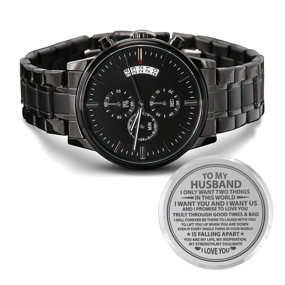 To My Husband | Only Two Things | Anniversary Gift | Engraved Black Chronograph Watch