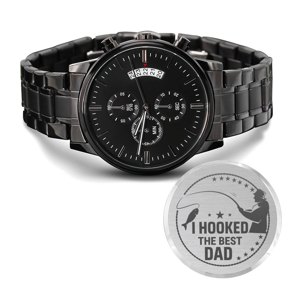 Hooked The Best Dad-Gift For Fishing Dad-Engraved Black Chronograph Watch