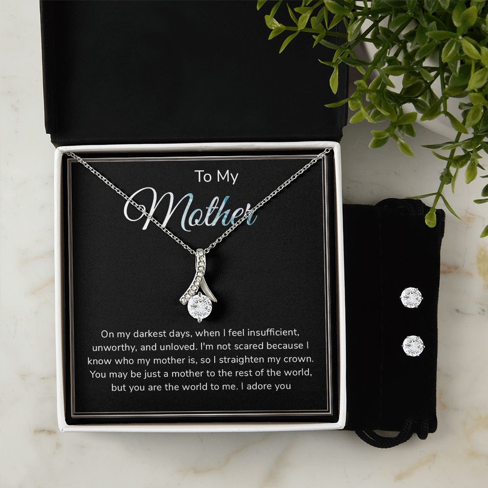 Forever Love Ribbon Pendant Necklace and Earring Set for Mom