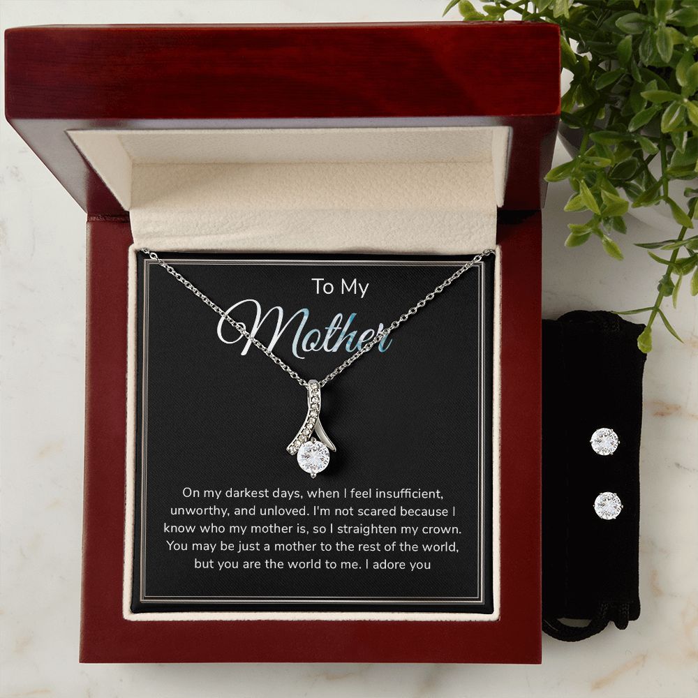 Forever Love Ribbon Pendant Necklace and Earring Set for Mom