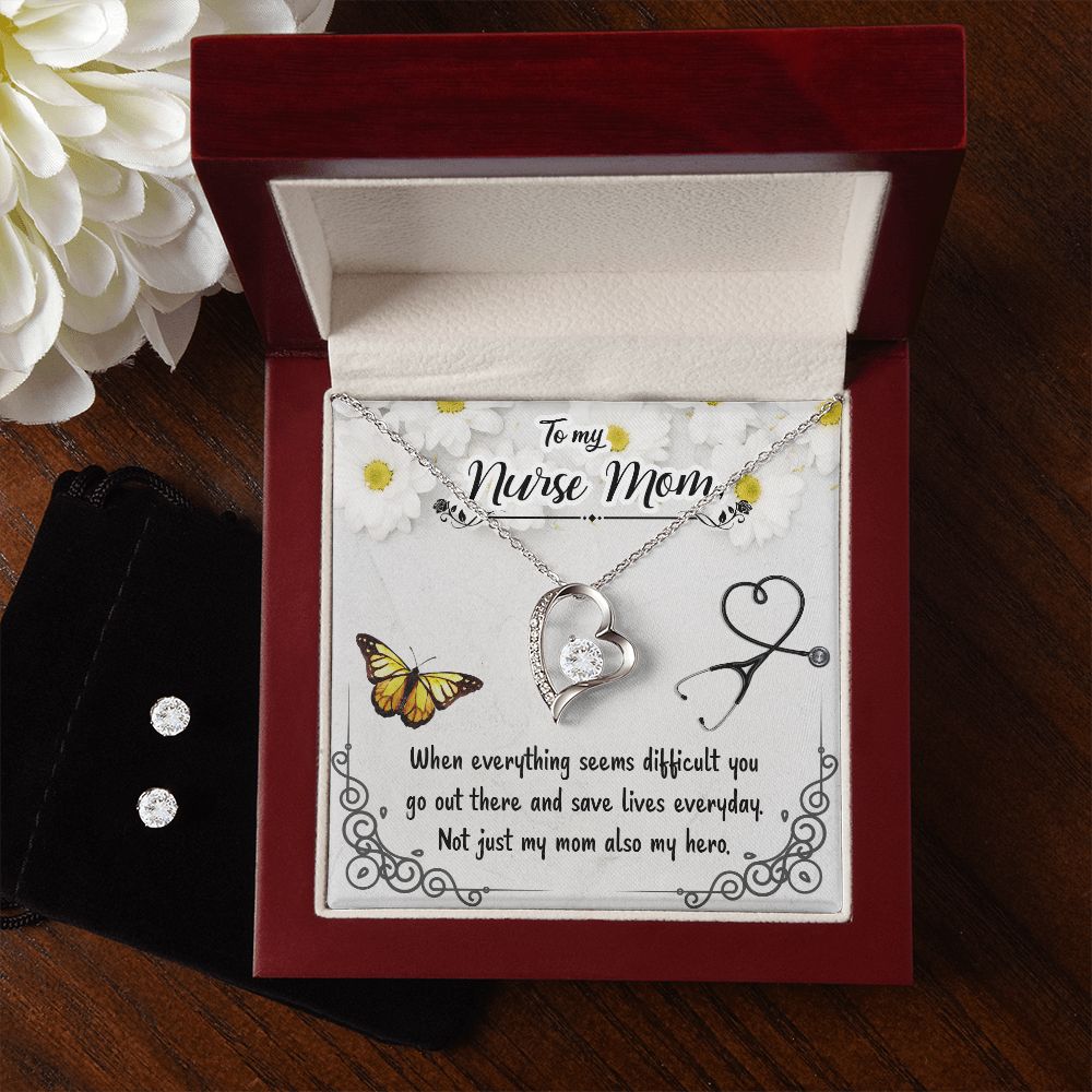 Forever Love Necklace + CZ Earrings Nurse Mom Gift Set
